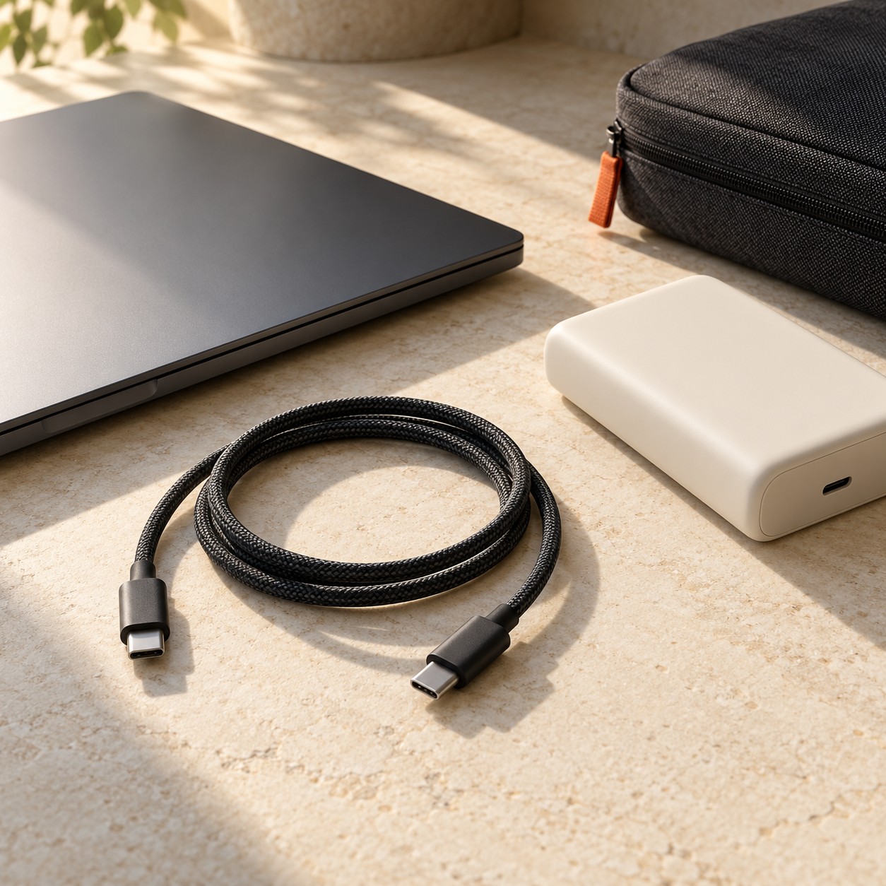 AI-generated editorial image of everyday technology accessories on warm stone.
