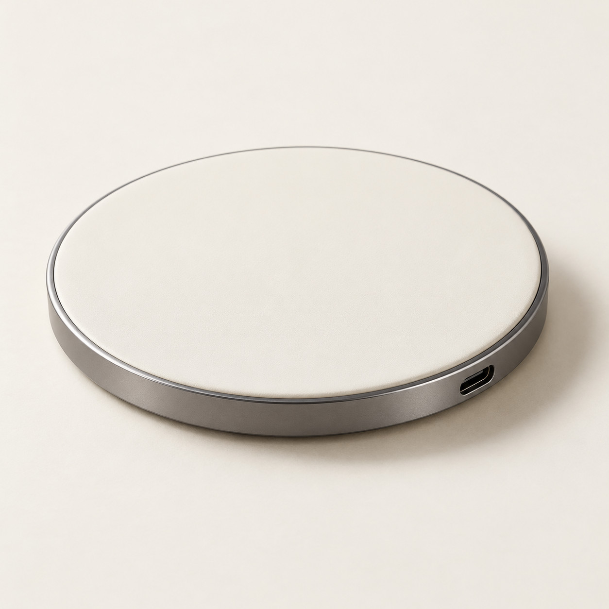 AI-generated concept image: wireless charging pad on a warm ivory studio background.