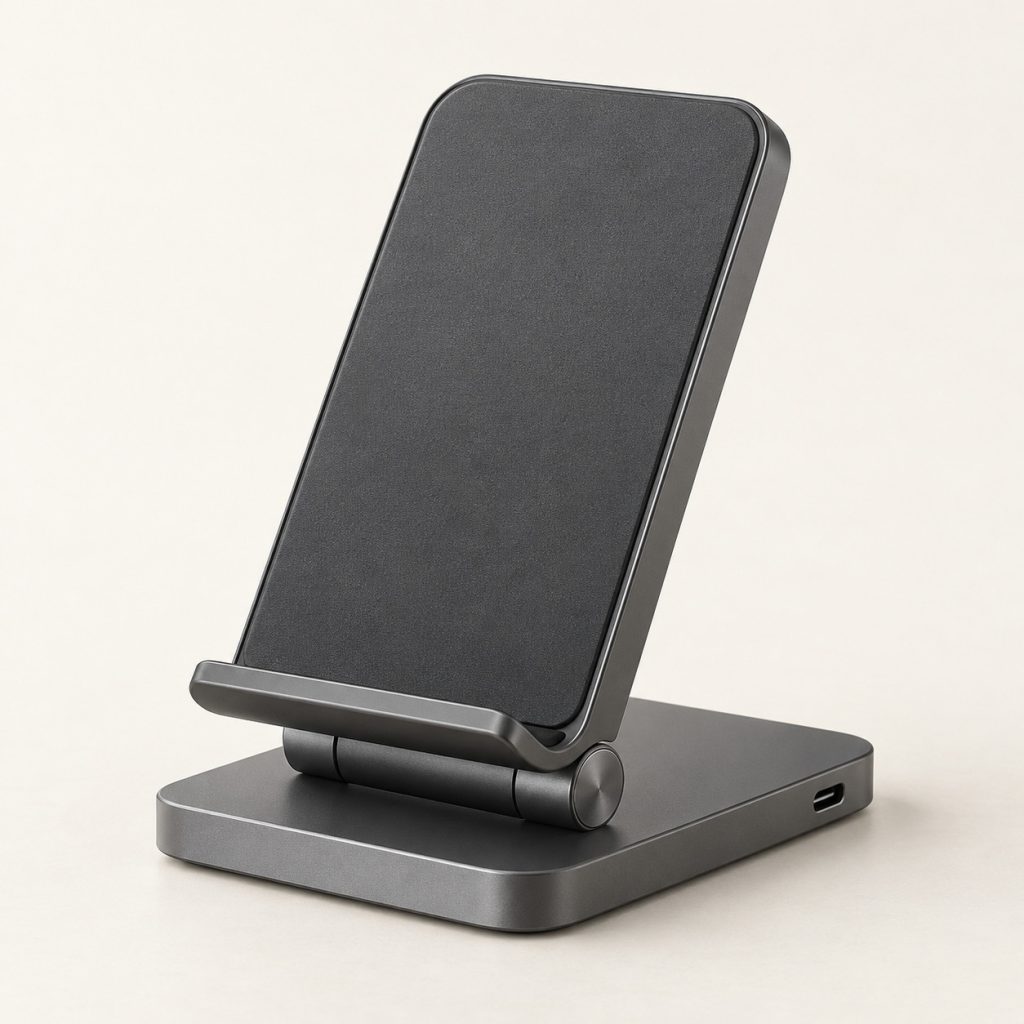 AI-generated concept image: folding wireless charging stand on a warm ivory studio background.