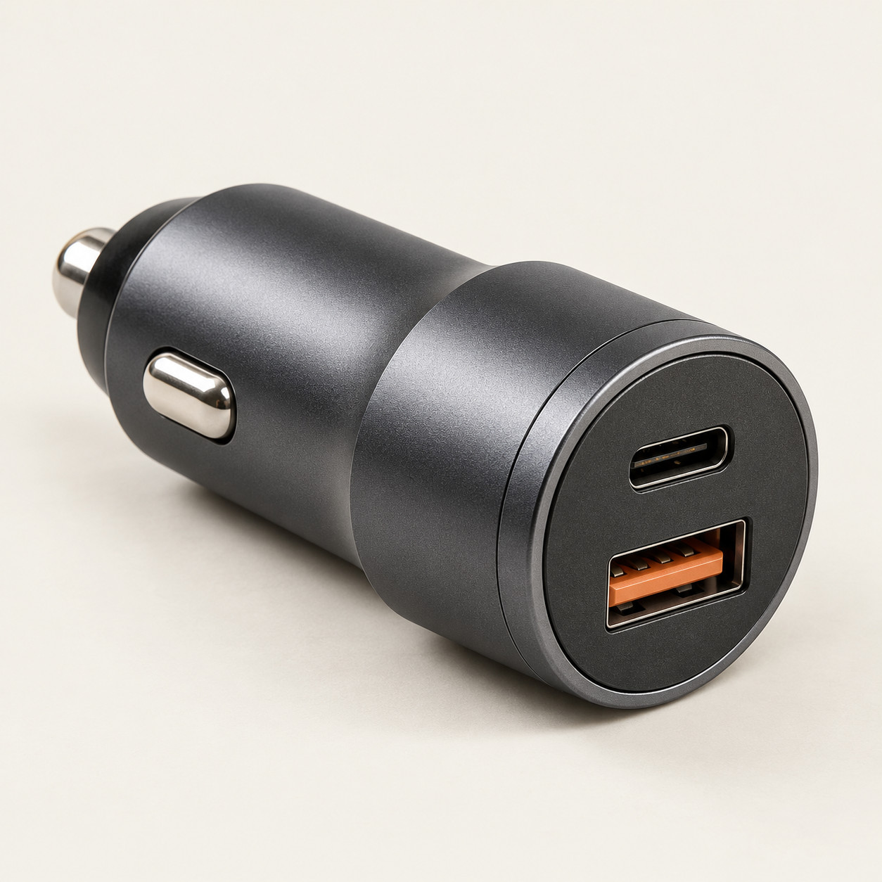 AI-generated concept image: usb-c and usb-a car charger on a warm ivory studio background.
