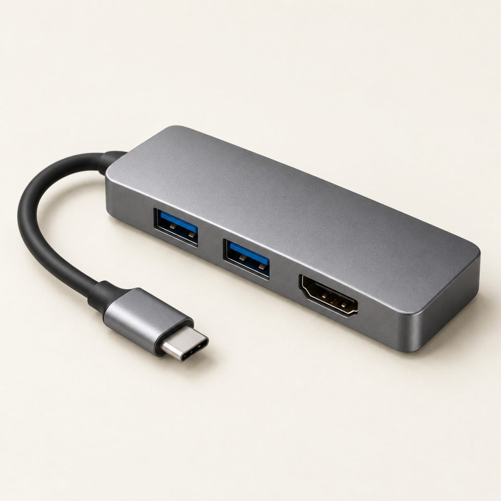 AI-generated concept image: usb-c desktop hub on a warm ivory studio background.