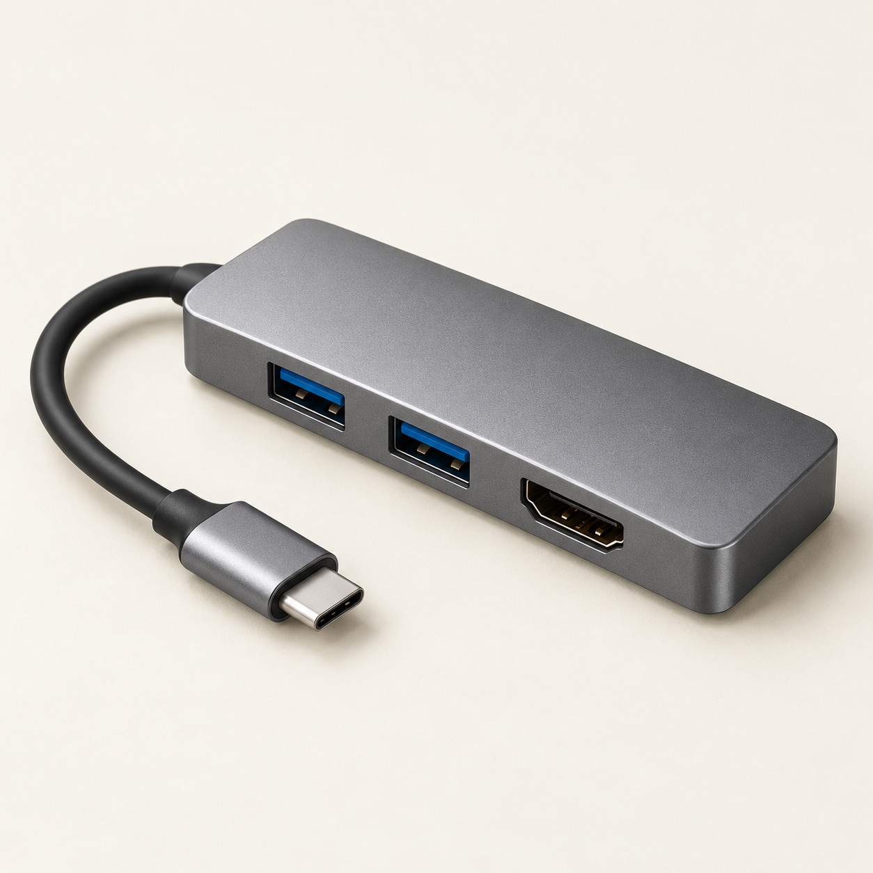 AI-generated concept image: usb-c desktop hub on a warm ivory studio background.
