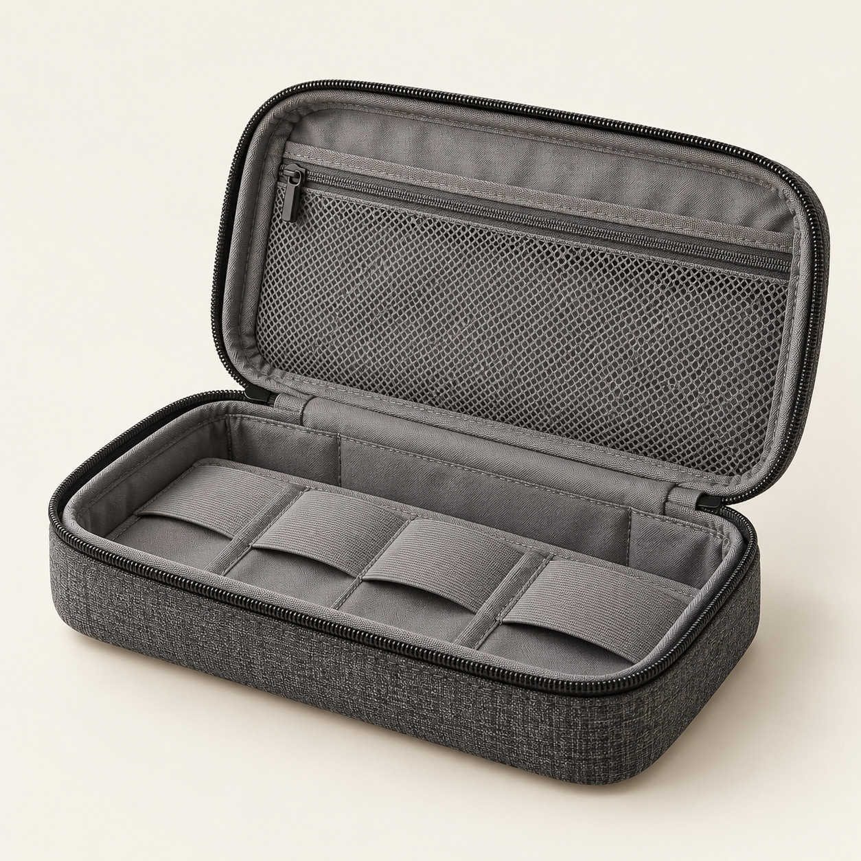 AI-generated concept image: everyday tech pouch on a warm ivory studio background.