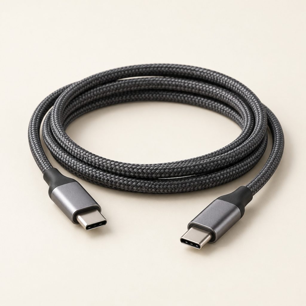 AI-generated concept image: braided usb-c to usb-c cable on a warm ivory studio background.