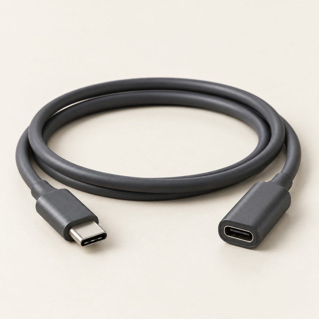 AI-generated concept image: usb-c extension cable on a warm ivory studio background.