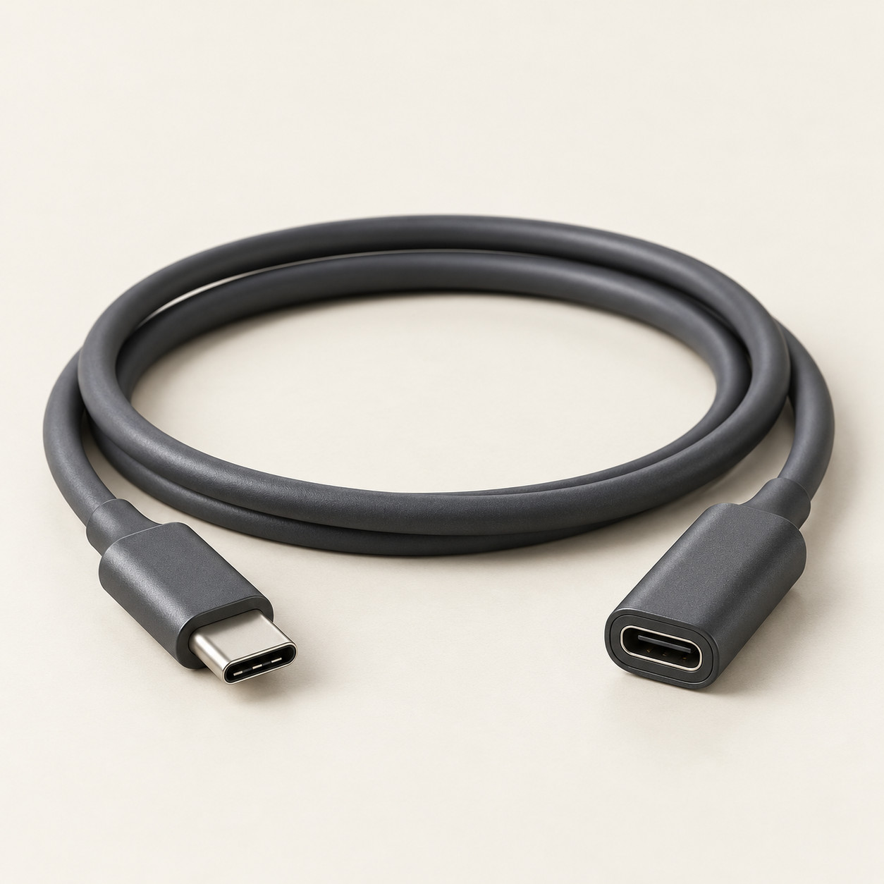 AI-generated concept image: usb-c extension cable on a warm ivory studio background.