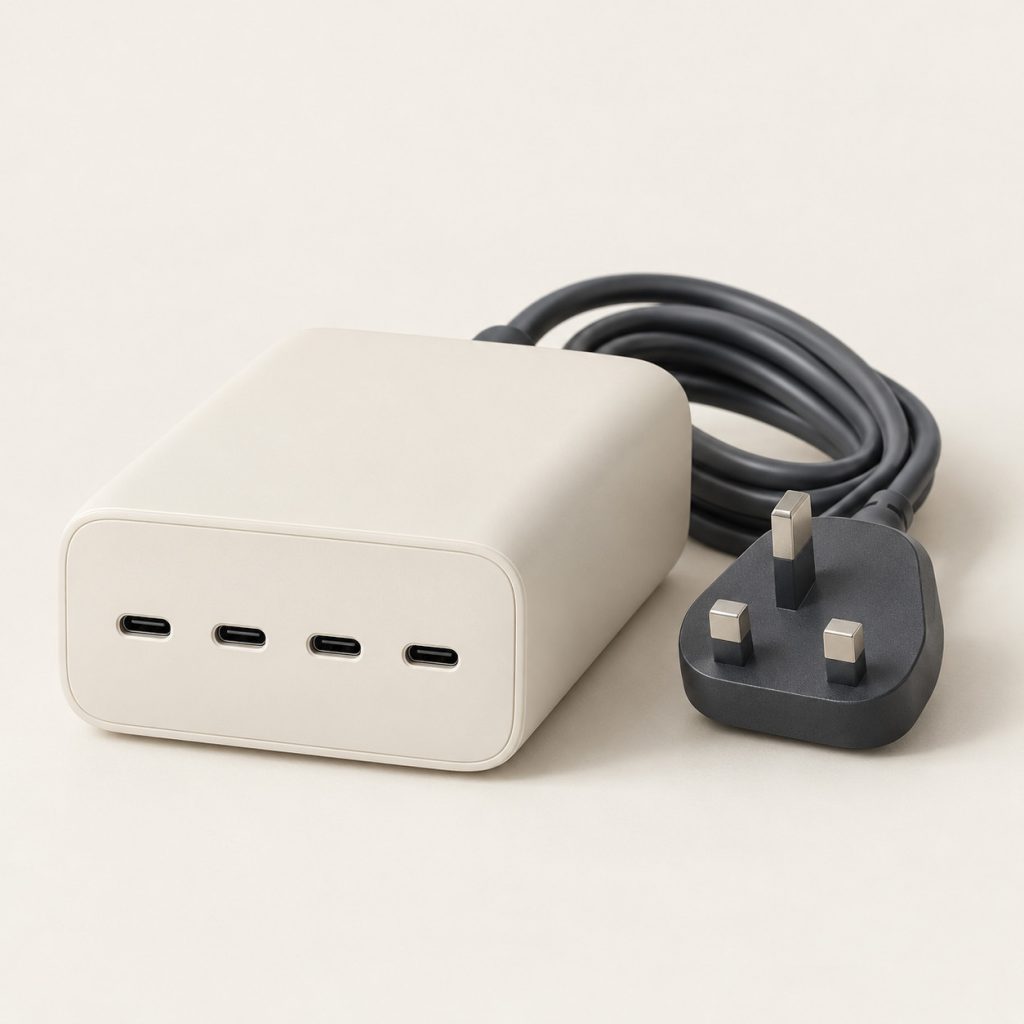AI-generated concept image: four-port usb-c desktop charger on a warm ivory studio background.