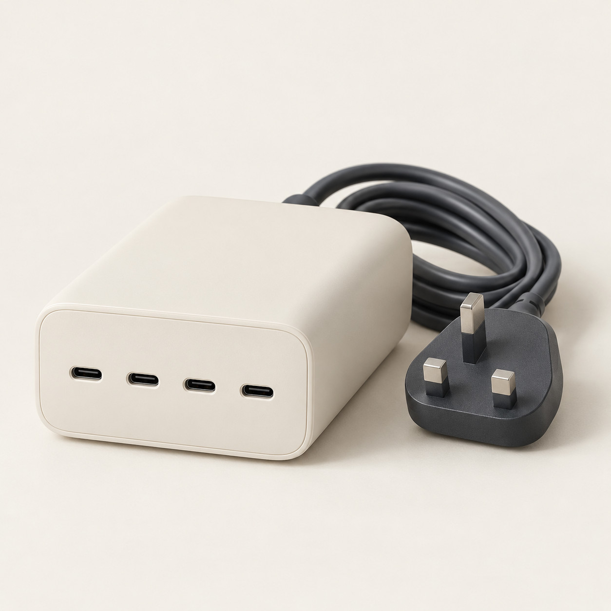 AI-generated concept image: four-port usb-c desktop charger on a warm ivory studio background.