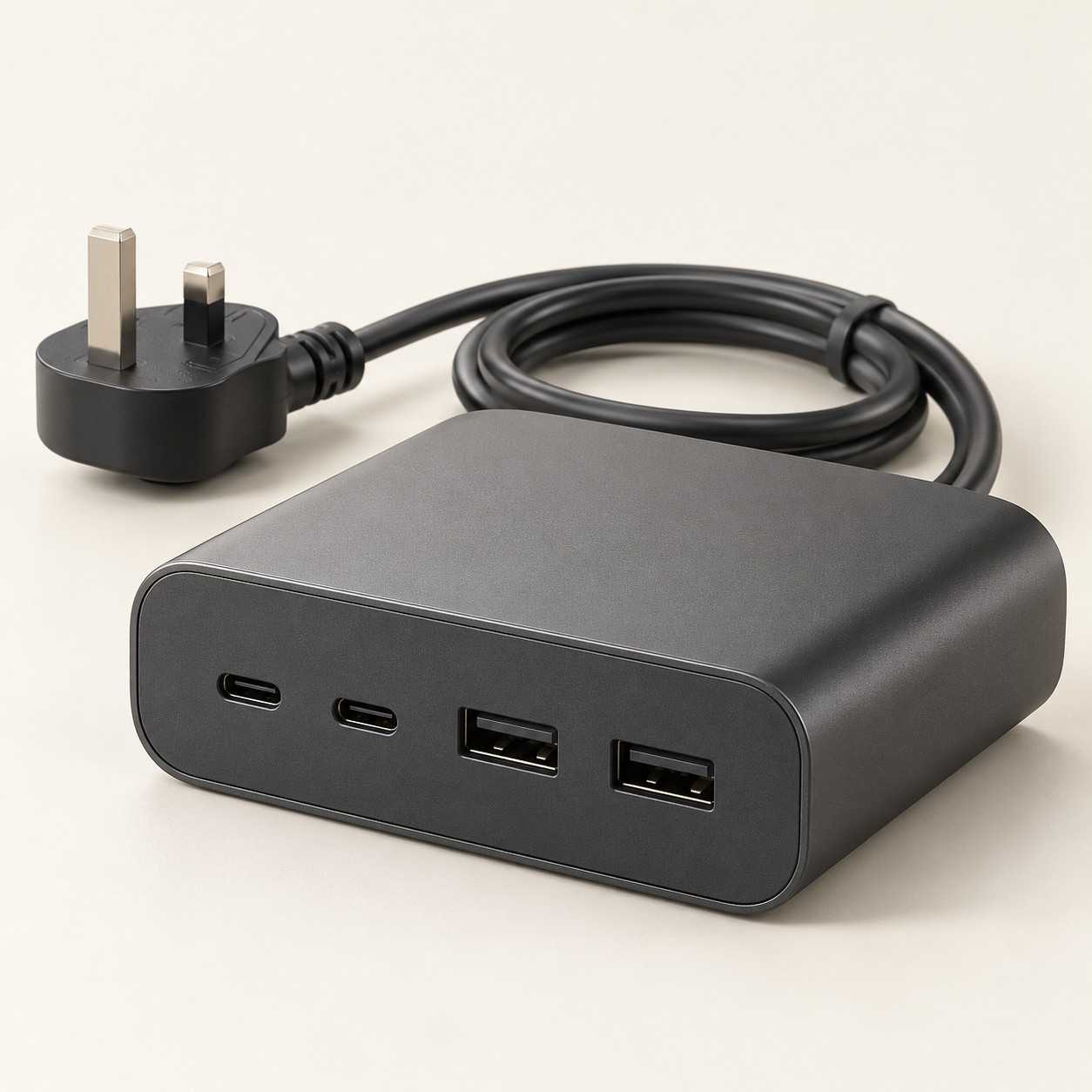 AI-generated concept image: mixed-port desktop charger on a warm ivory studio background.