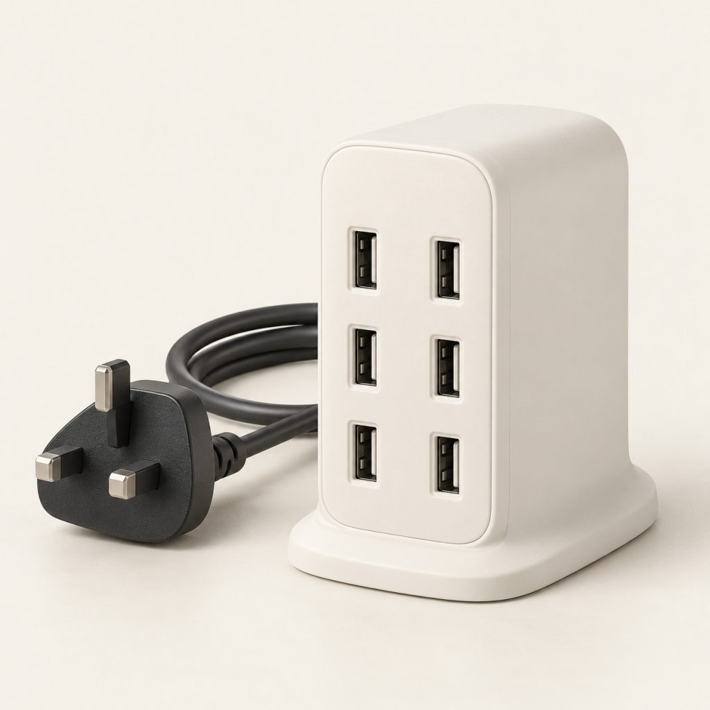 AI-generated concept image: six-port usb-a charging station on a warm ivory studio background.