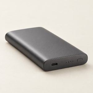 AI-generated concept image: pocket usb-c power bank on a warm ivory studio background.