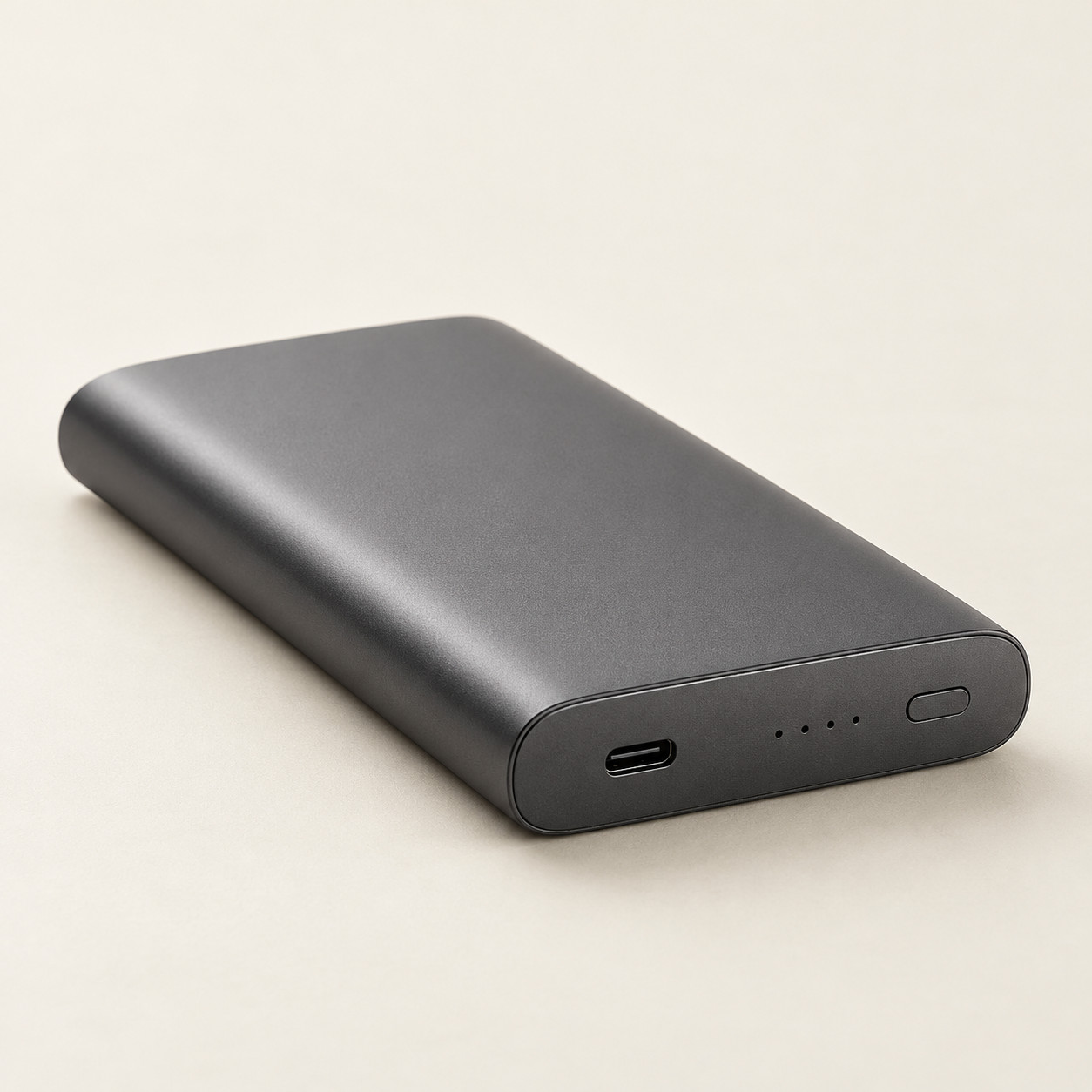 AI-generated concept image: pocket usb-c power bank on a warm ivory studio background.