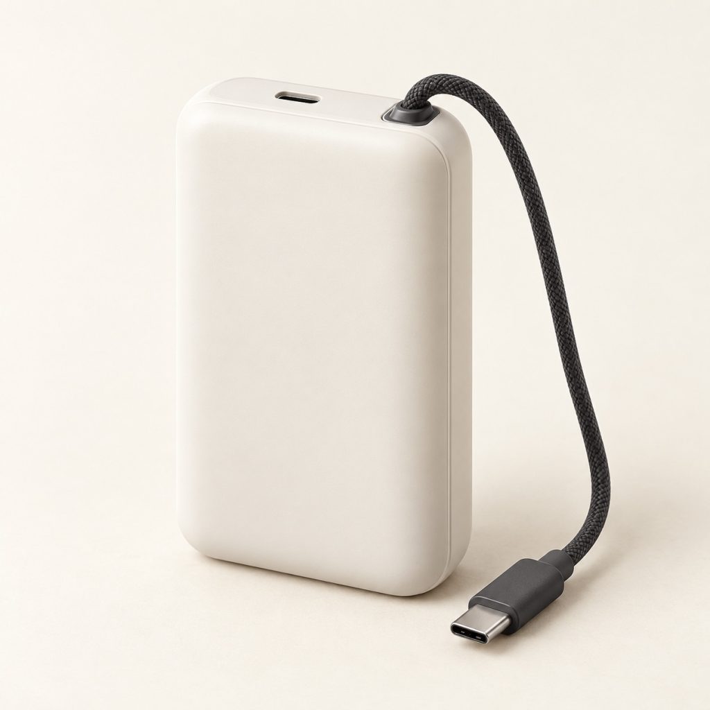 AI-generated concept image: built-in cable power bank on a warm ivory studio background.