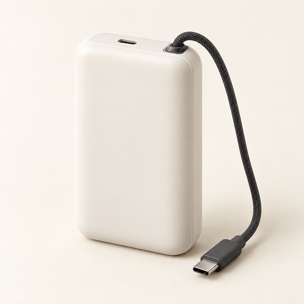 AI-generated concept image: built-in cable power bank on a warm ivory studio background.