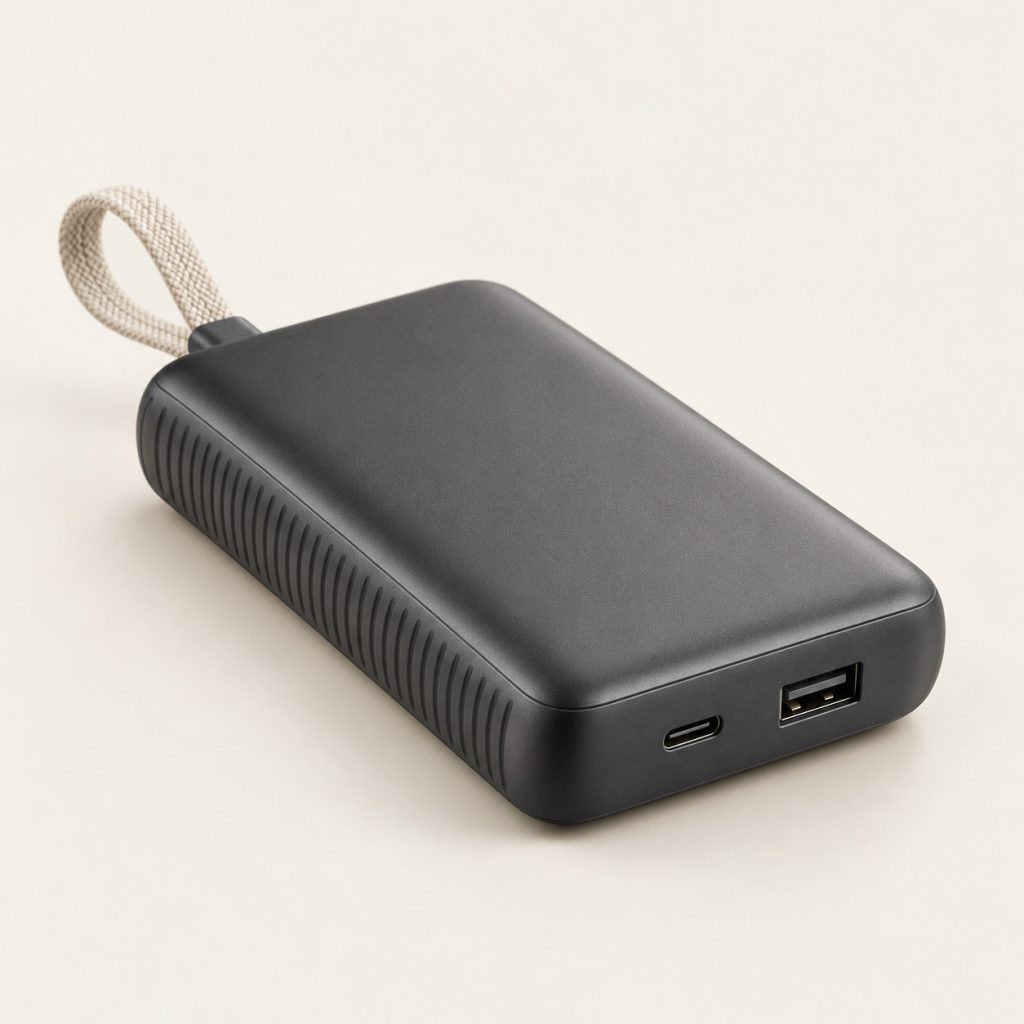 AI-generated concept image: carry-loop power bank on a warm ivory studio background.