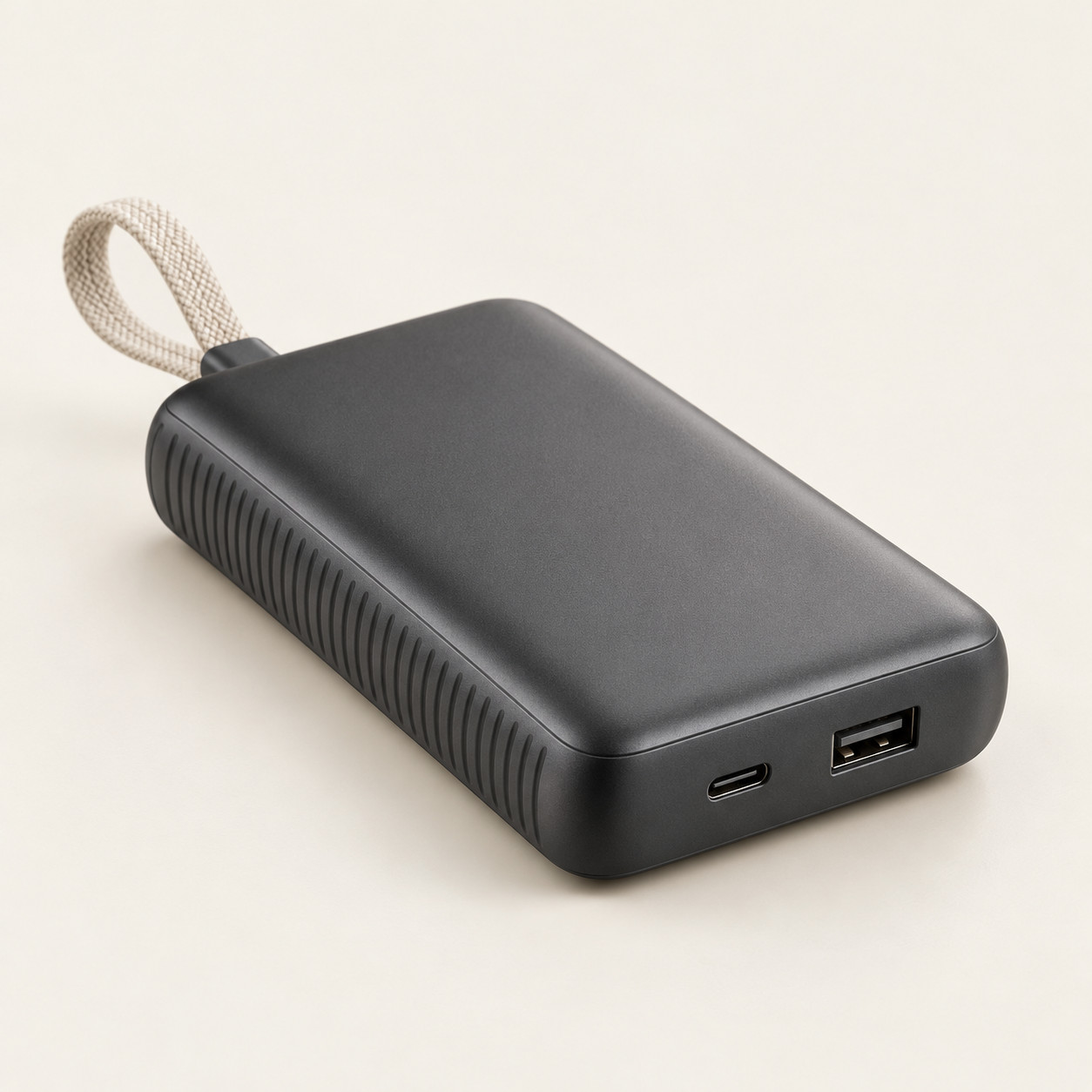 AI-generated concept image: carry-loop power bank on a warm ivory studio background.