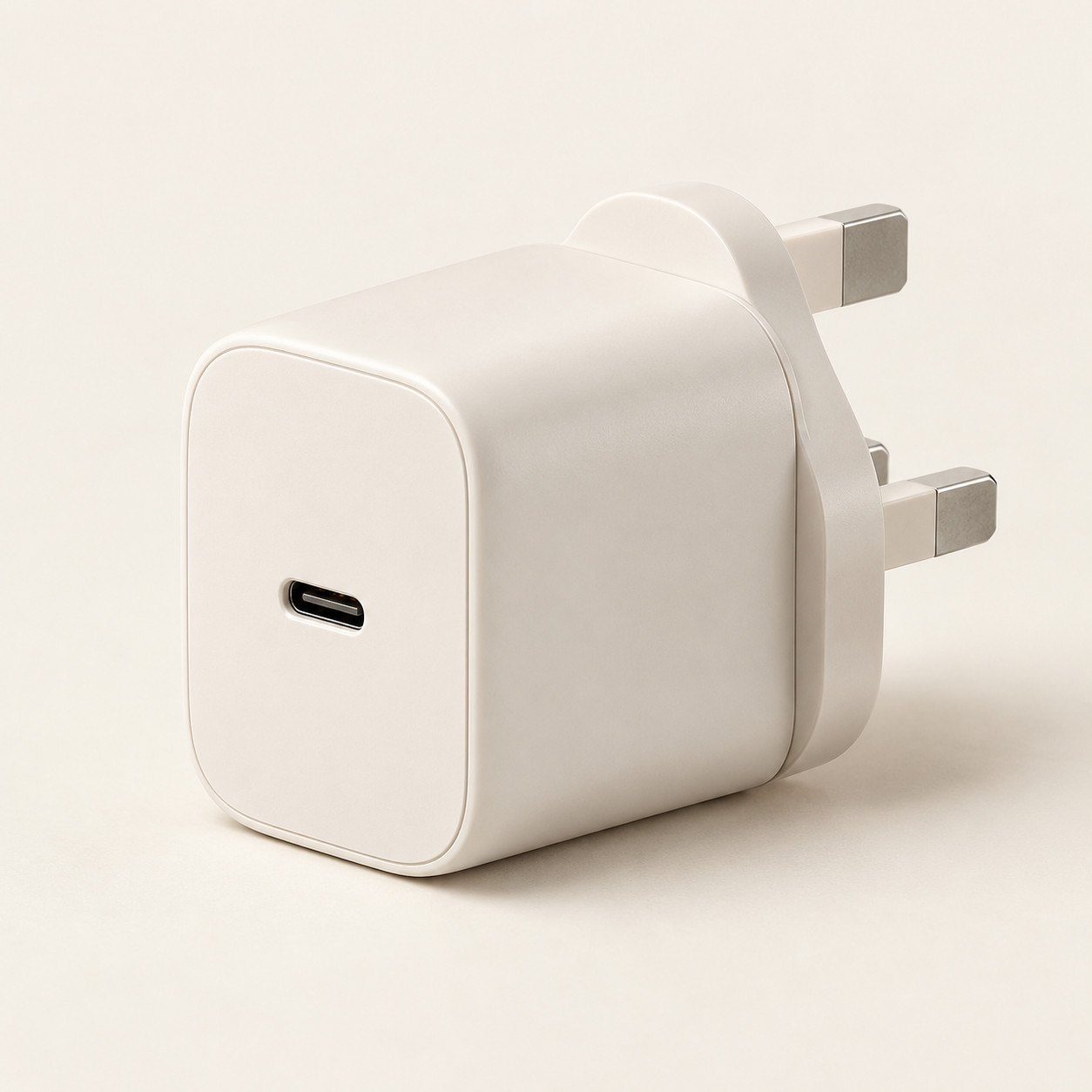 AI-generated concept image: pocket usb-c wall charger on a warm ivory studio background.