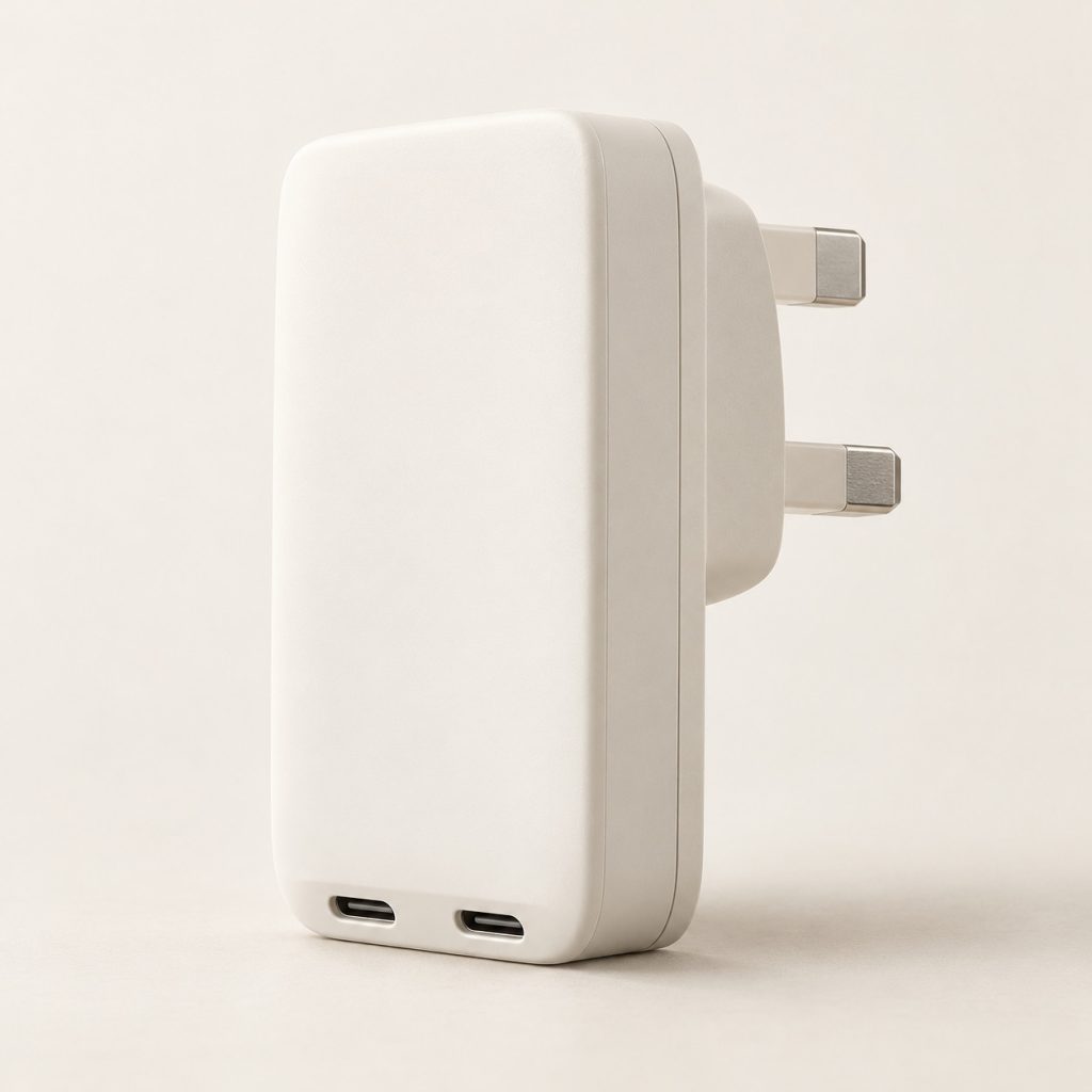 AI-generated concept image: slim dual usb-c wall charger on a warm ivory studio background.
