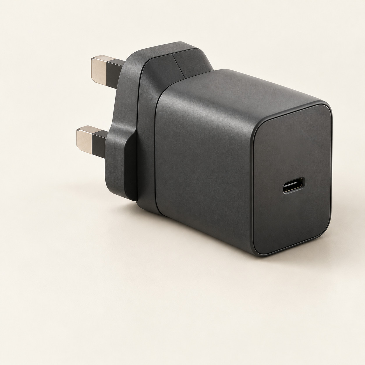 AI-generated concept image: modular travel wall charger on a warm ivory studio background.